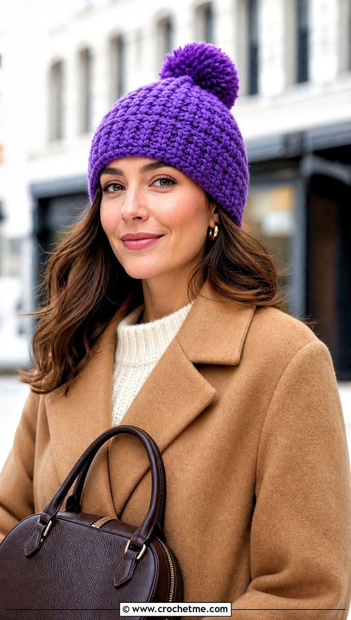 Pom Pom Crochet Beanie With Wool Coat - 30 Quick Crochet Beanie outfit ideas