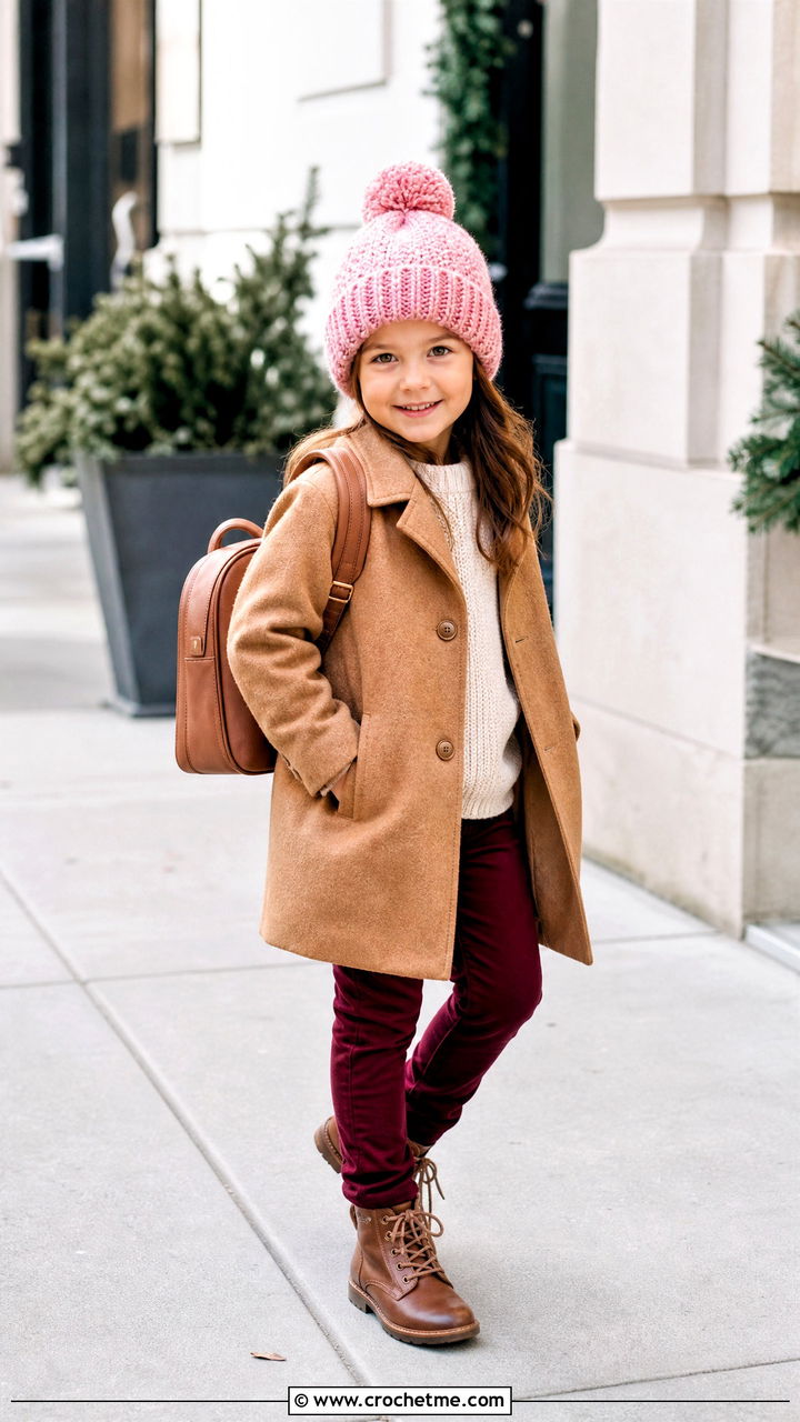 Pom Pom Crochet Beanie With Wool Coat - 35 childrens crochet hats outfit ideas
