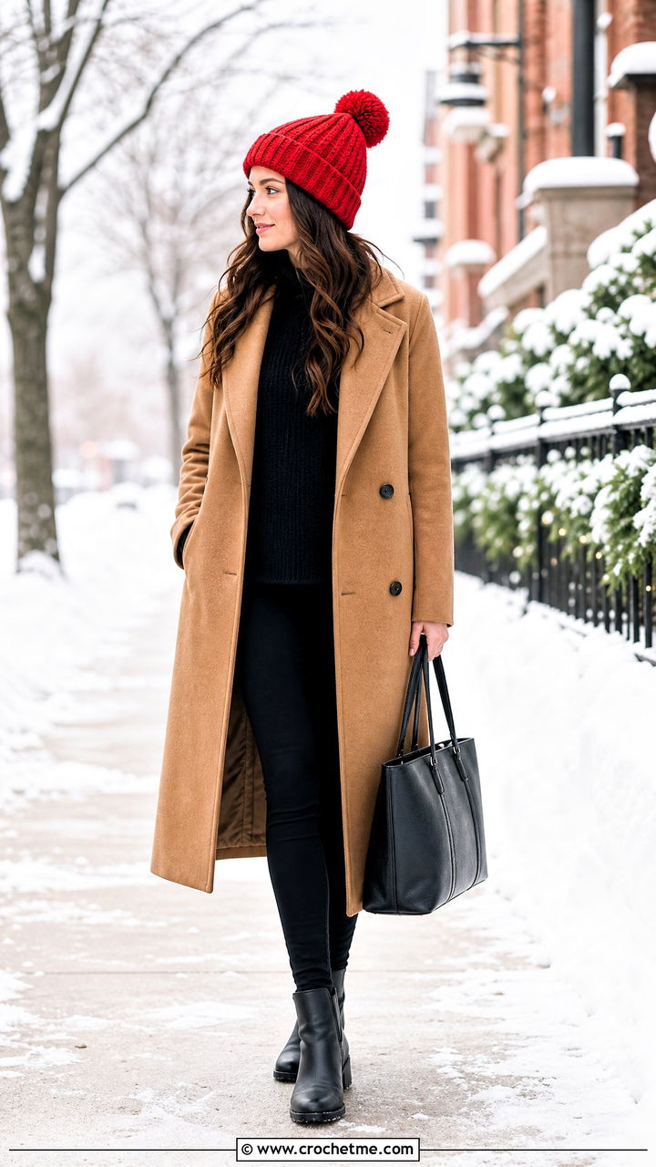Pom Pom Crochet Beanie With Wool Coat - 35 crochet hat ideas