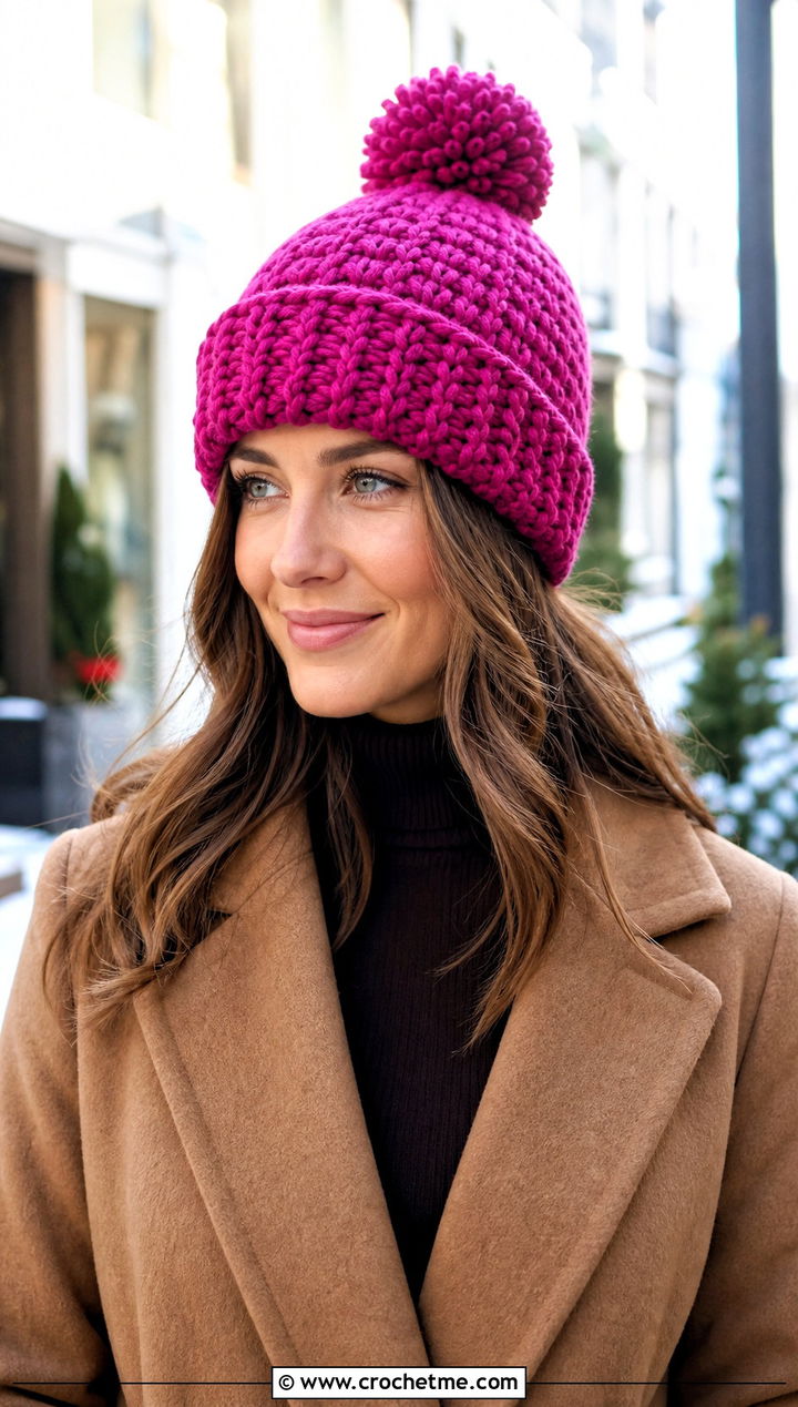 Pom Pom Crochet Beanie With Wool Coat And Jeans - 15 Easy Crochet Hats For Women outfit ideas