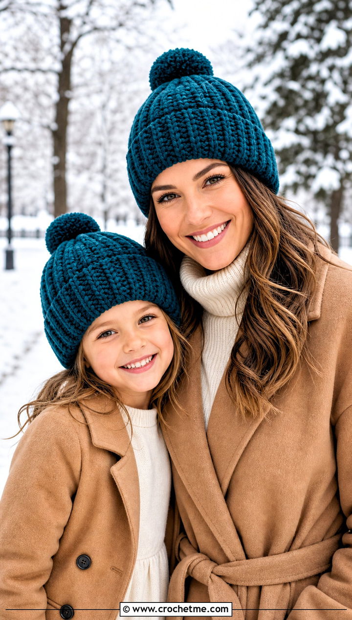 Pom Pom Crochet Beanies With Wool Coats - 25 Mommy And Me Crochet Hats outfit ideas