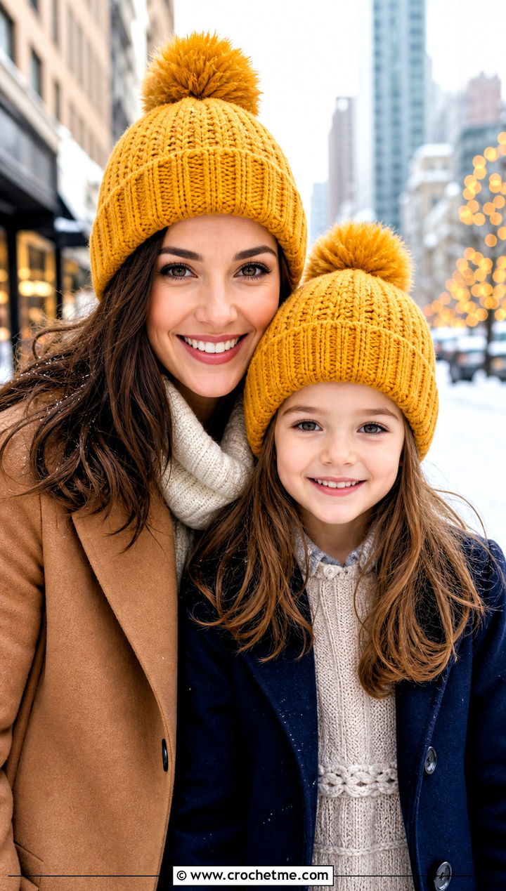 Pom Pom Crochet Beanies With Wool Coats - 20 Mother Daughter Crochet Hats outfit ideas