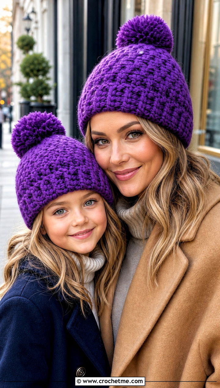 Pom Pom Crochet Beanies With Wool Coats - 25 crochet mommy and me hats outfit ideas