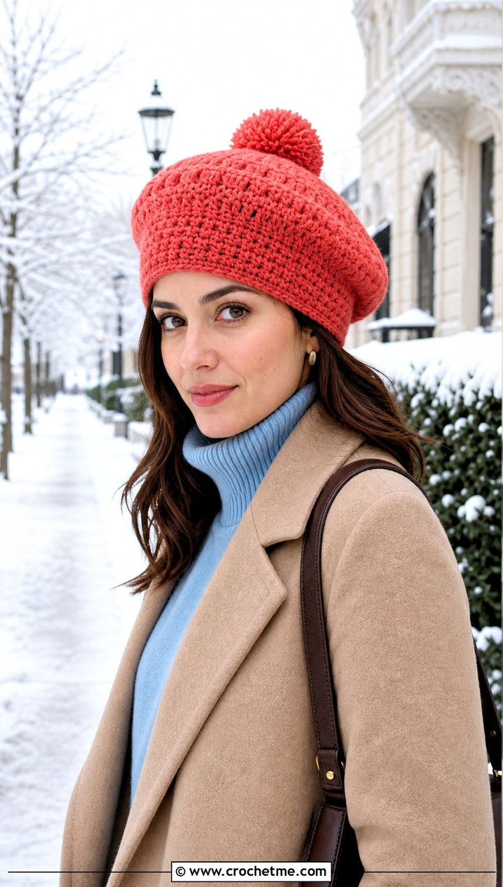 Pom Pom Crochet Beret With Coat And Knee High Boots - 15 simple crochet beret outfit ideas