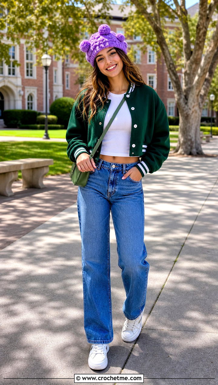 Pom Pom Crochet Beret With Varsity Jacket - 35 easy crochet beret outfit ideas