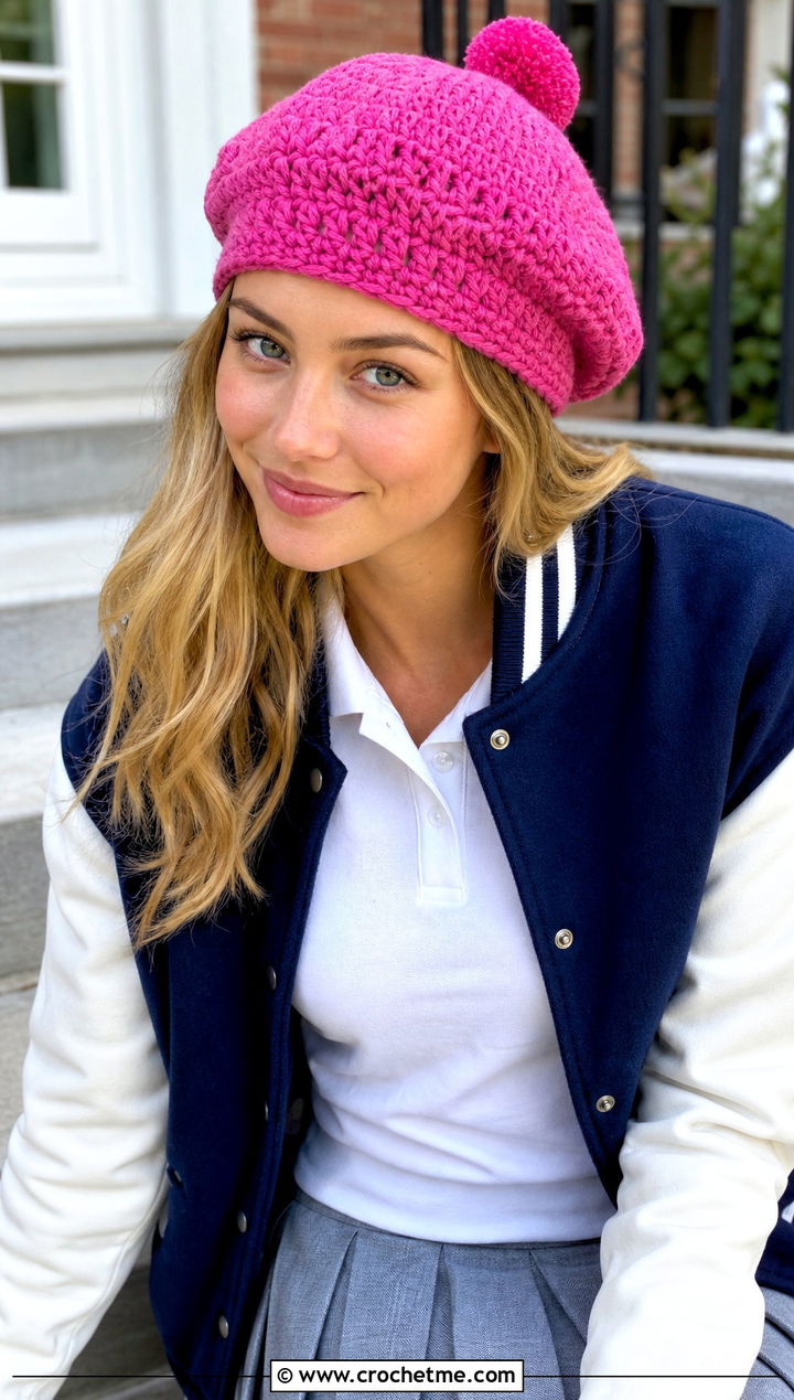 Pom Pom Crochet Beret With Varsity Jacket And Tennis Skirt - 30 crochet berets outfit ideas