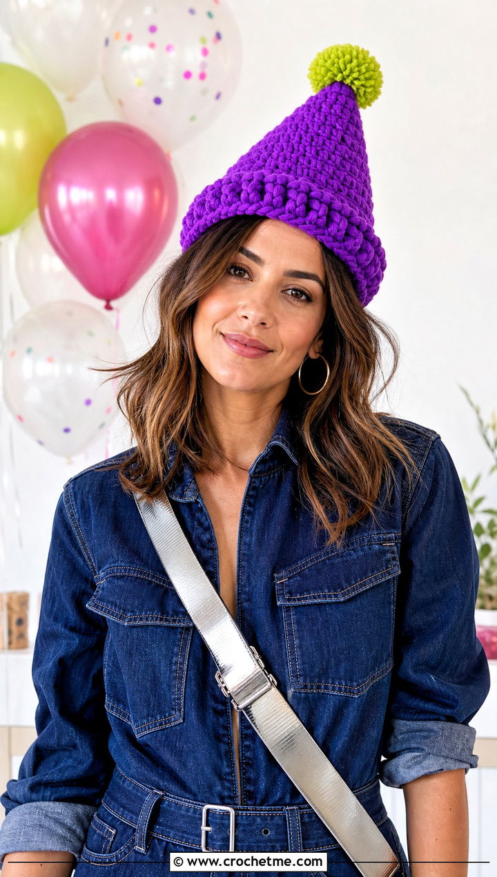 Pom Pom Crochet Birthday Hat With Denim Jumpsuit - 30 crochet birthday hat outfit ideas