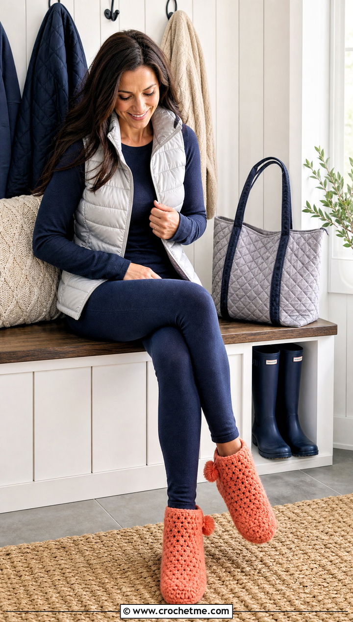 Pom Pom Crochet Bootie Slippers With A Puffer Vest - 15 cottage crochet slippers outfit ideas