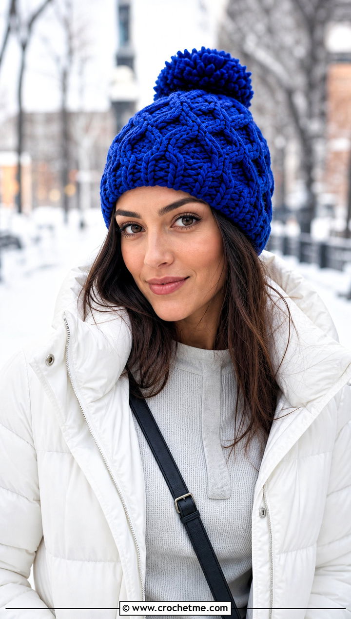 Pom Pom Crochet Cable Beanie With Puffer Jacket - 25 crochet cable beanie outfit ideas