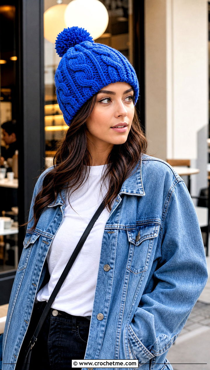 Pom Pom Crochet Cable Twist Hat With Denim Jacket - 15 Crochet Cable Twist Hat outfit ideas