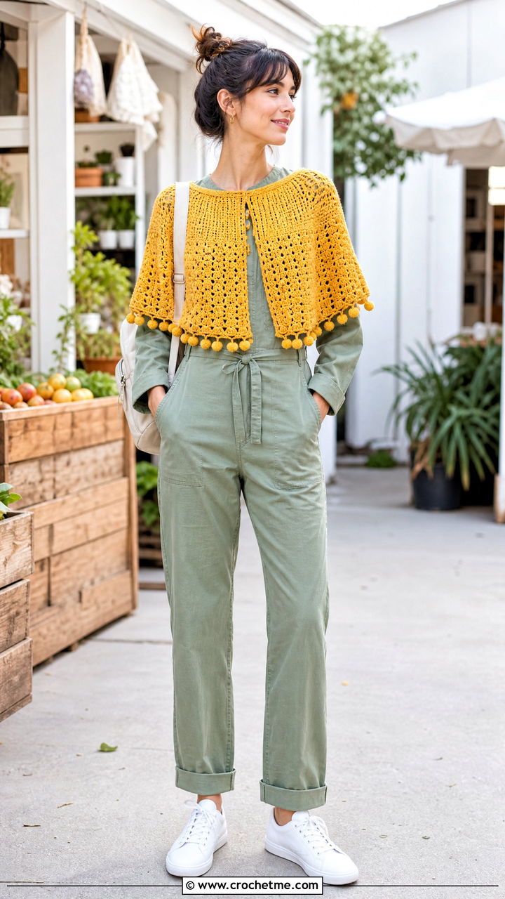 Pom Pom Crochet Capelet With Utility Jumpsuit - 35 crochet capelet outfit ideas