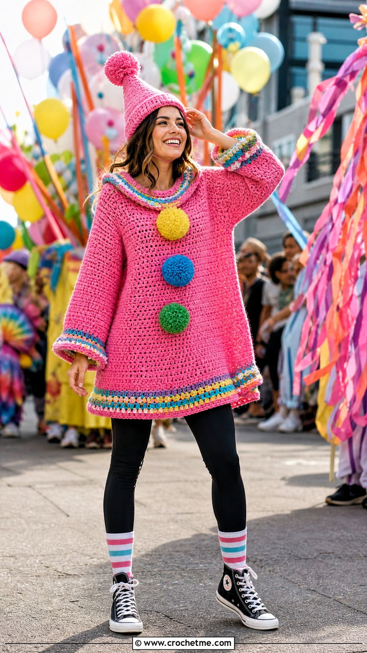 Pom Pom Crochet Clown Costume Tunic With Leggings - 35 crochet clown costume outfit ideas