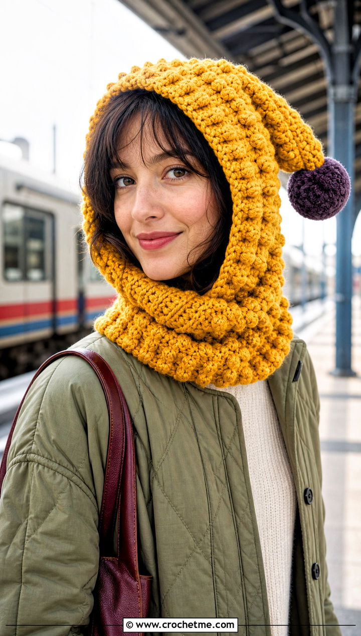Pom Pom Crochet Cowl Hat With Quilted Coat - 25 crochet cowl hat outfit ideas
