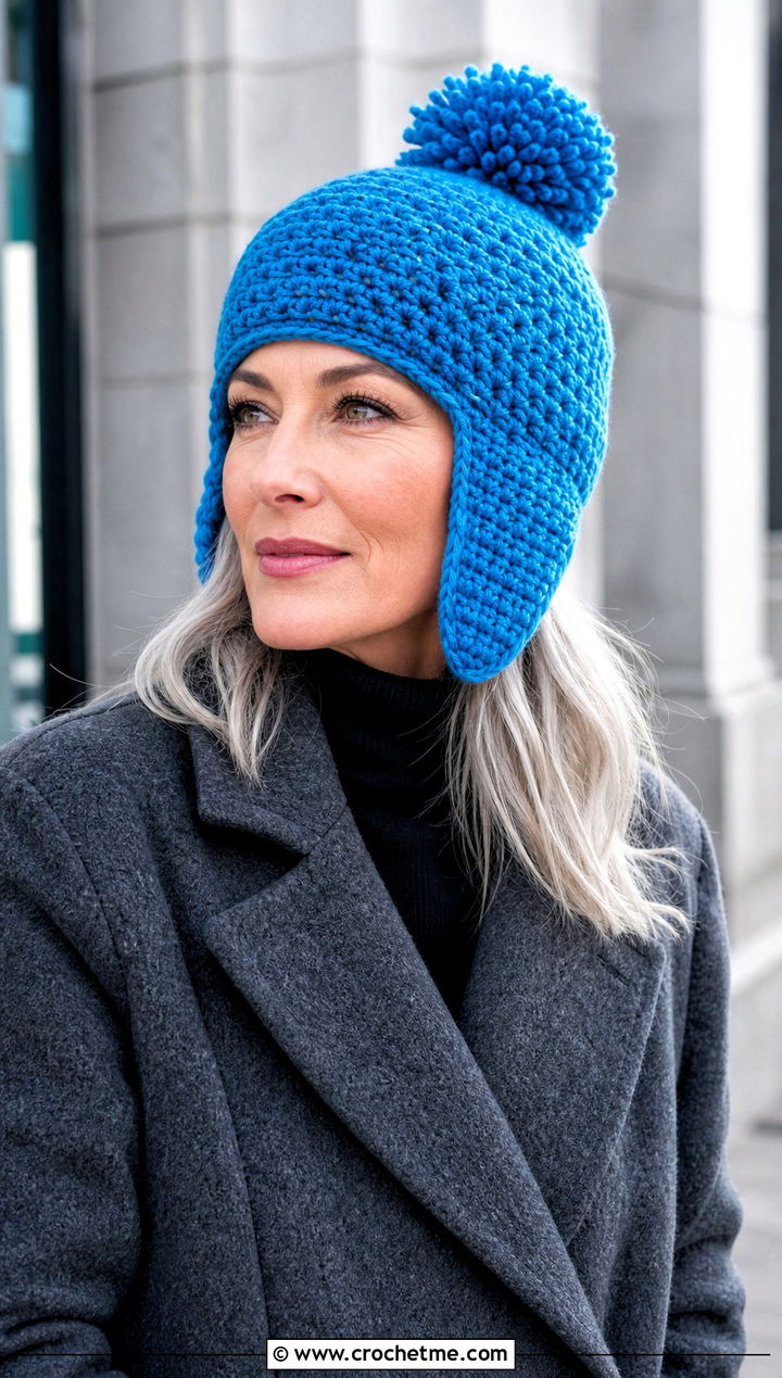 Pom Pom Crochet Ear Flap Hat With Wool Coat - 30 crochet adult ear flap hat outfit ideas