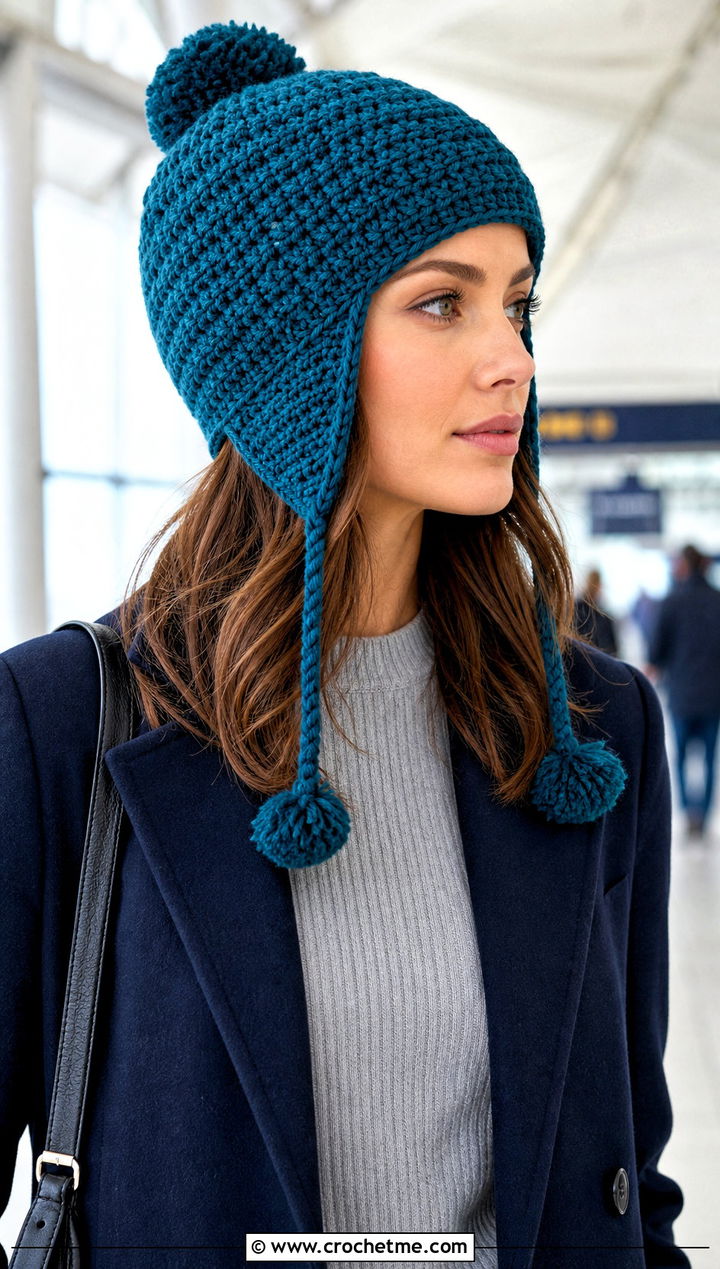 Pom Pom Crochet Earflap Beanie With Matching Knit Set - 15 Crochet Beanie With Earflaps outfit ideas