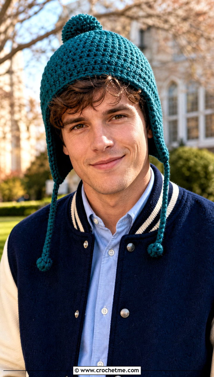 Pom Pom Crochet Earflap Hat With Varsity Jacket - 15 Mens Crochet Hat With Earflaps outfit ideas