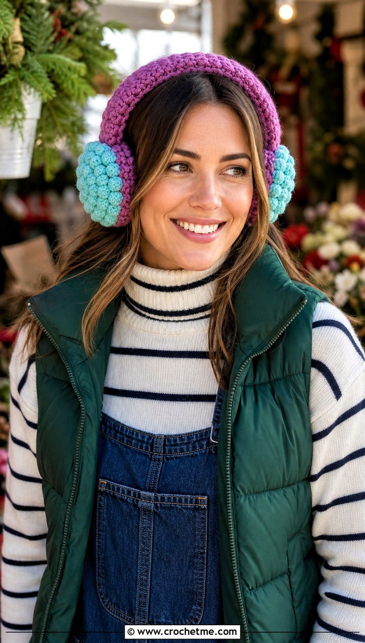 Pom Pom Crochet Earmuffs Headband With Overalls - 25 Crochet Earmuffs Headband outfit ideas