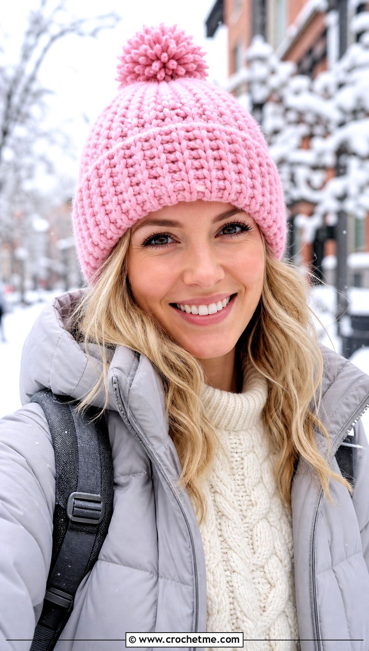 Pom Pom Crochet Fold Up Brim Hat With Puffer Coat - 15 Crochet Hat With Fold Up Brim outfit ideas