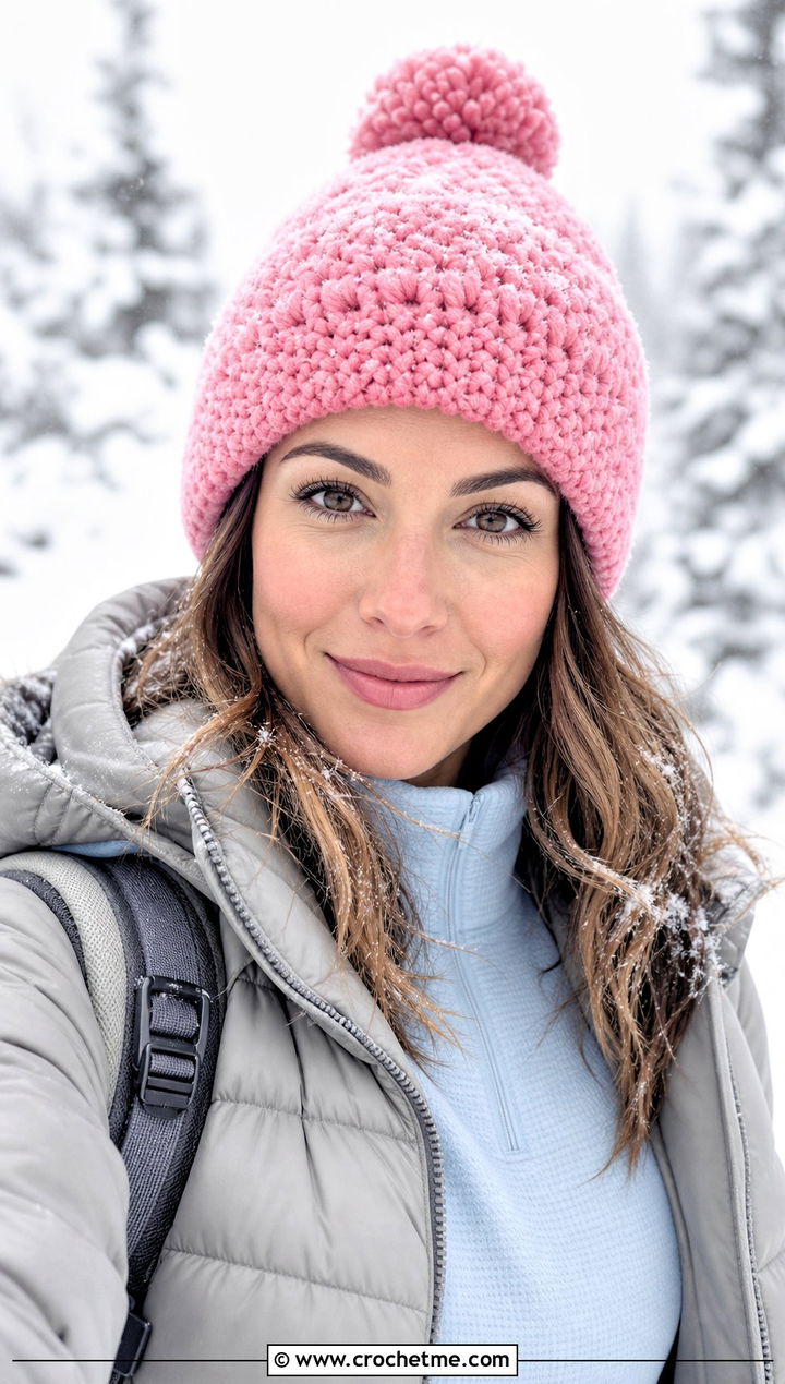Pom Pom Crochet Hat With Puffer Jacket - 25 Easy Crochet Hats For Beginners outfit ideas