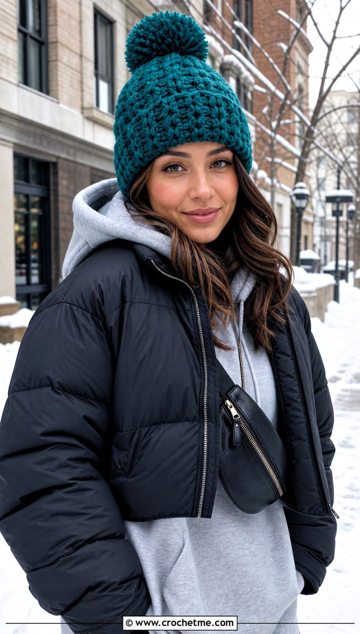 Pom Pom Crochet Hat With Puffer Jacket - 30 winter crochet hats outfit ideas