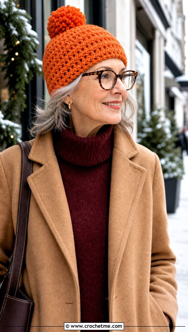 Pom Pom Crochet Hat With Wool Coat - 25 Crochet Hat For Grandma outfit ideas