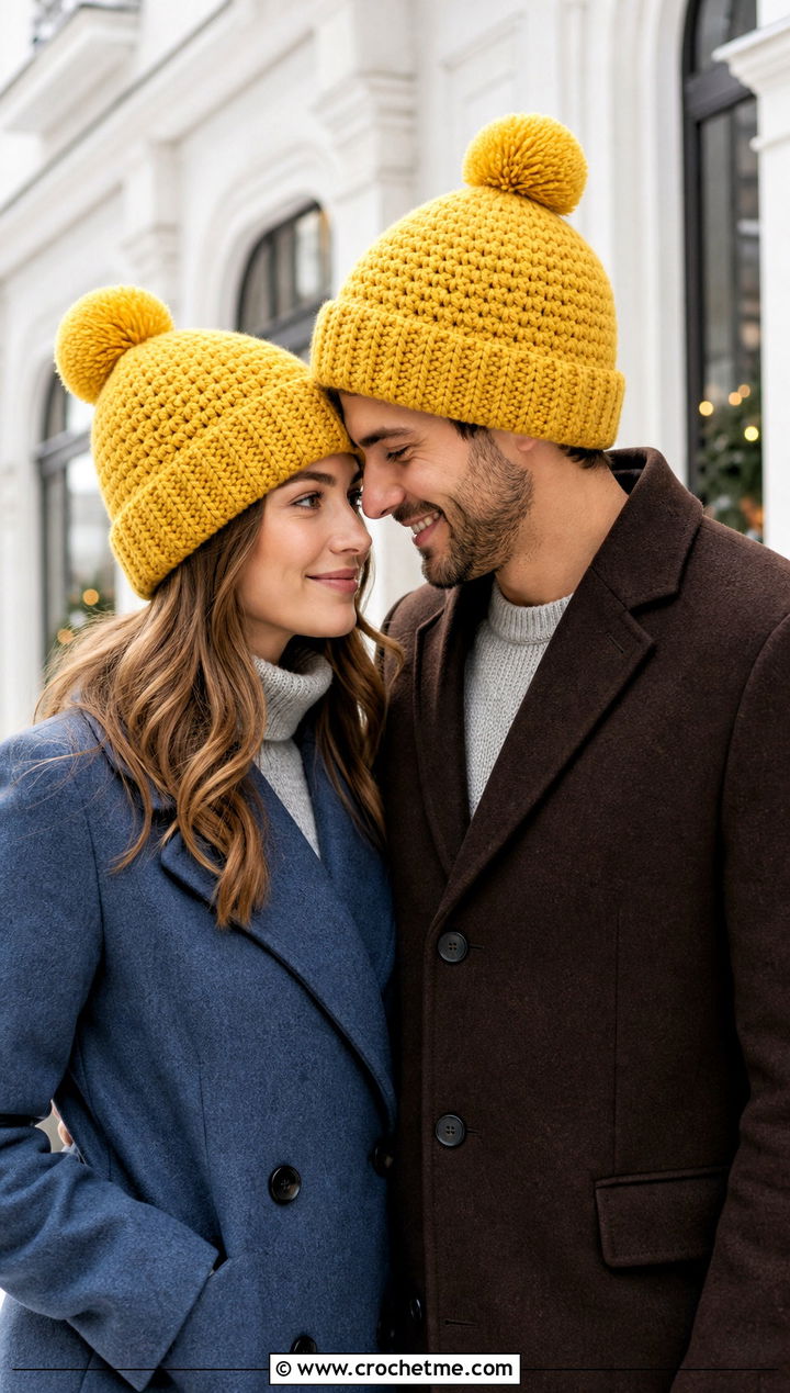 Pom Pom Crochet Hats With Wool Coats - 15 Couples Crochet Hats outfit ideas