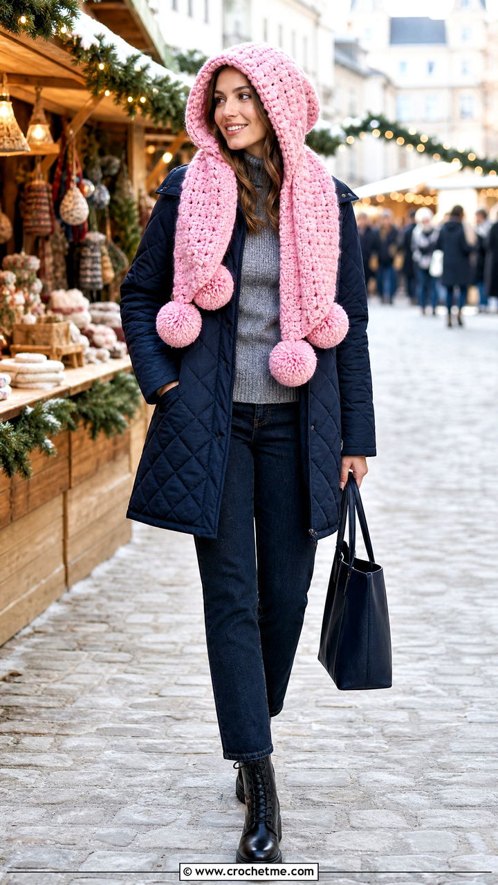 Pom Pom Crochet Hood Scarf With Quilted Coat - 35 crochet hood scarf outfit ideas