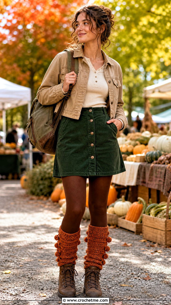 Pom Pom Crochet Leg Warmers With Corduroy Skirt And Hiking Boots - 35 crochet leg warmer outfit ideas
