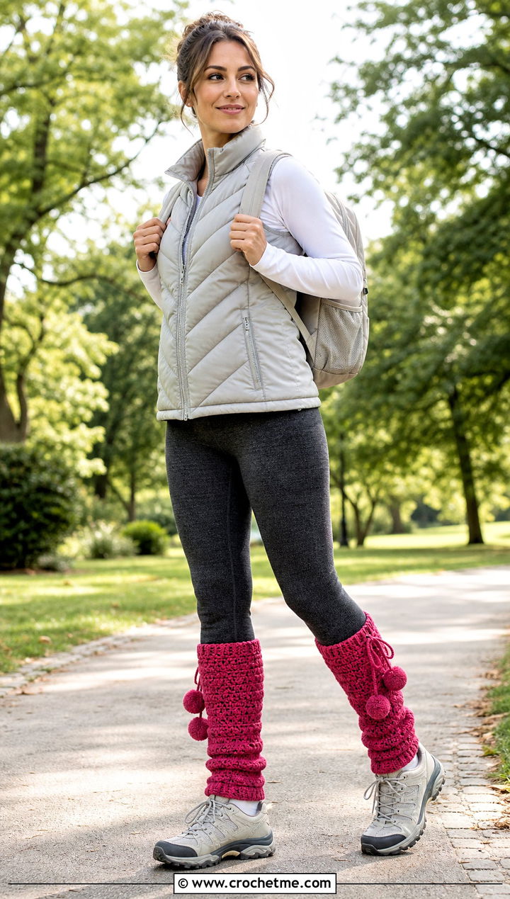 Pom Pom Crochet Leg Warmers With Puffer Vest And Hiking Sneakers - 25 Crochet Legwarmer outfit ideas