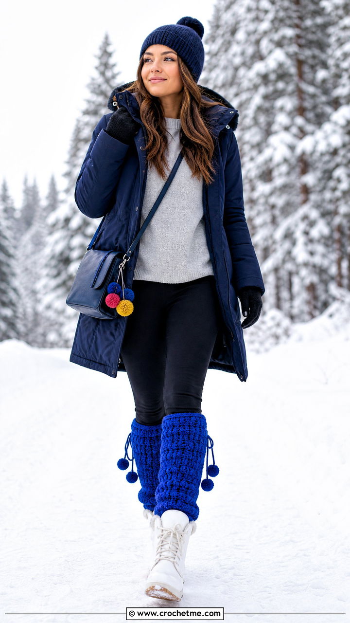 Pom Pom Crochet Legwarmers With Parka And Snow Boots - 35 crochet legwarmers outfit ideas