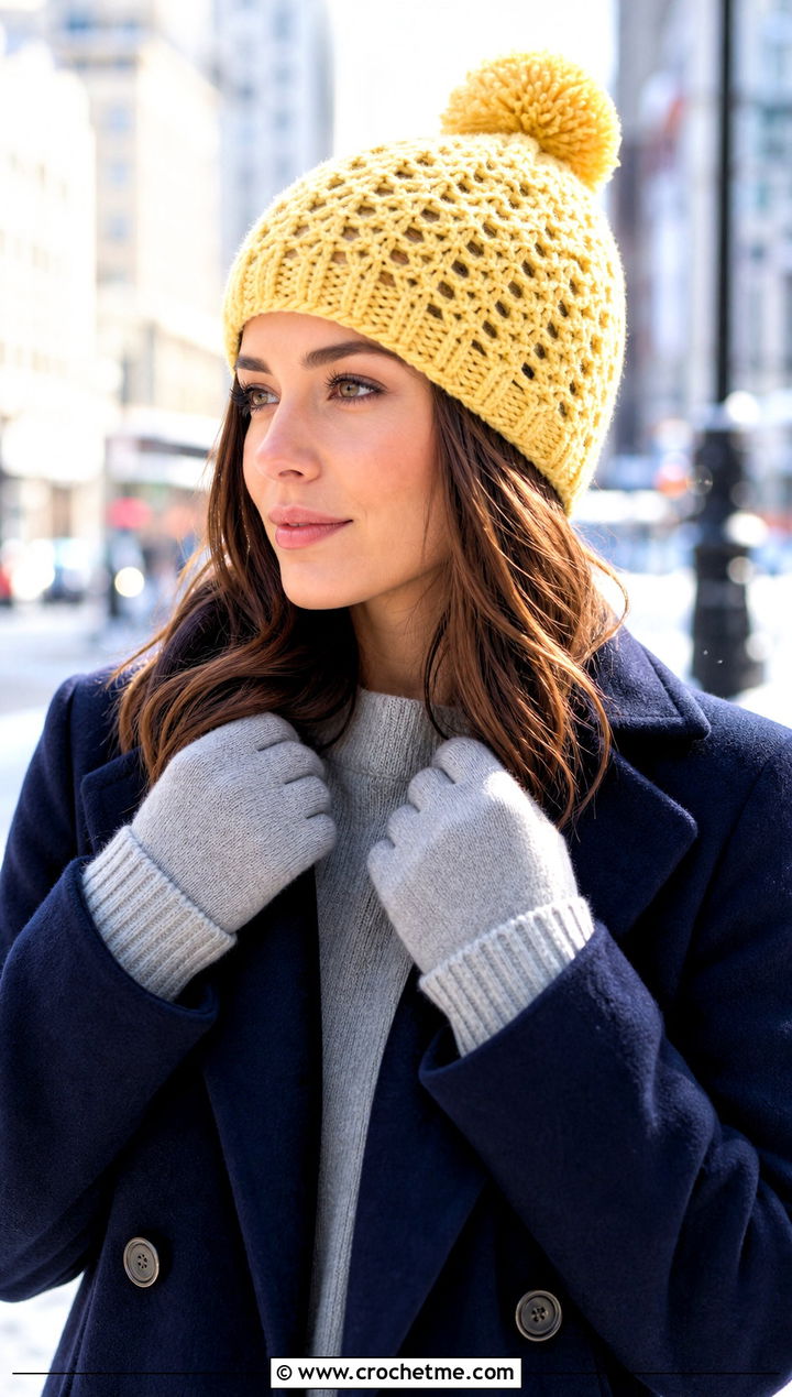 Pom Pom Crochet Mesh Beanie With Wool Coat - 25 crochet mesh beanie outfit ideas