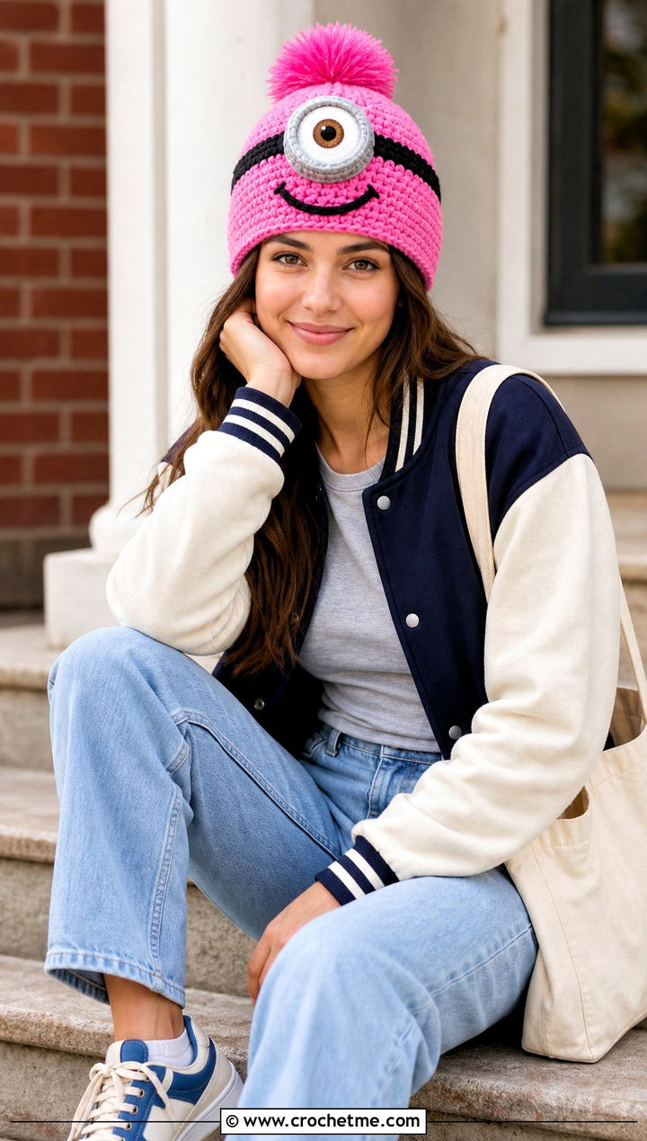 Pom Pom Crochet Minion Beanie With Varsity Jacket - 20 Crochet Minion Hats outfit ideas
