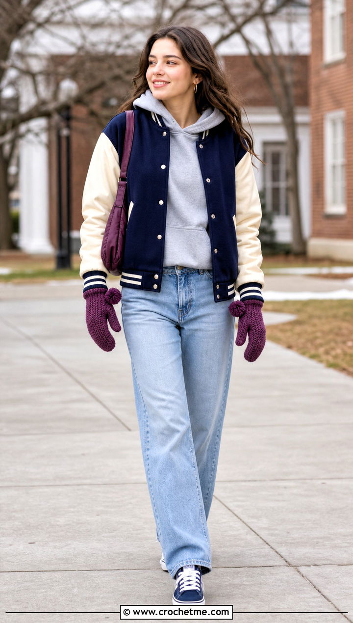 Pom Pom Crochet Mittens With Varsity Jacket - 35 easy crochet mittens outfit ideas