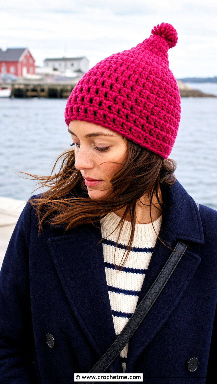 Pom Pom Crochet Pixie Hat With Peacoat - 30 crochet pixie hat outfit ideas