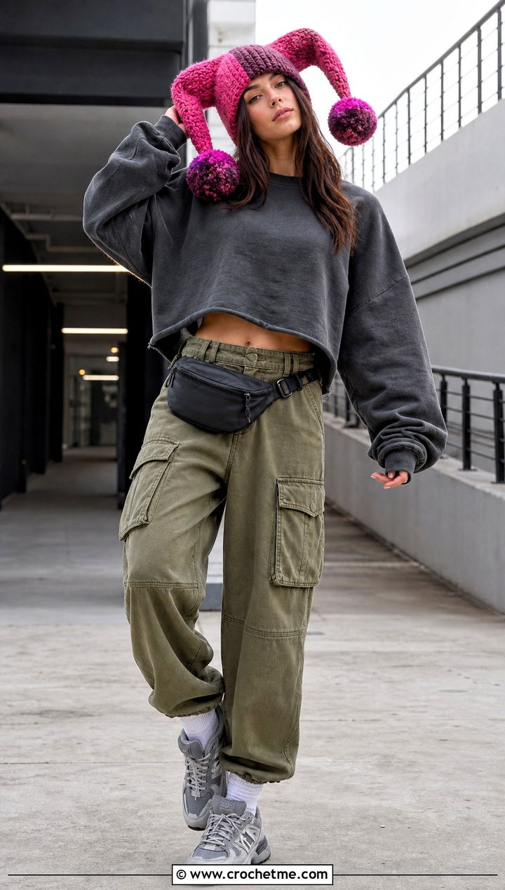 Pom Pom Crochet Pomni Hat With Cargo Pants - 35 Crochet Pomni Hat outfit ideas