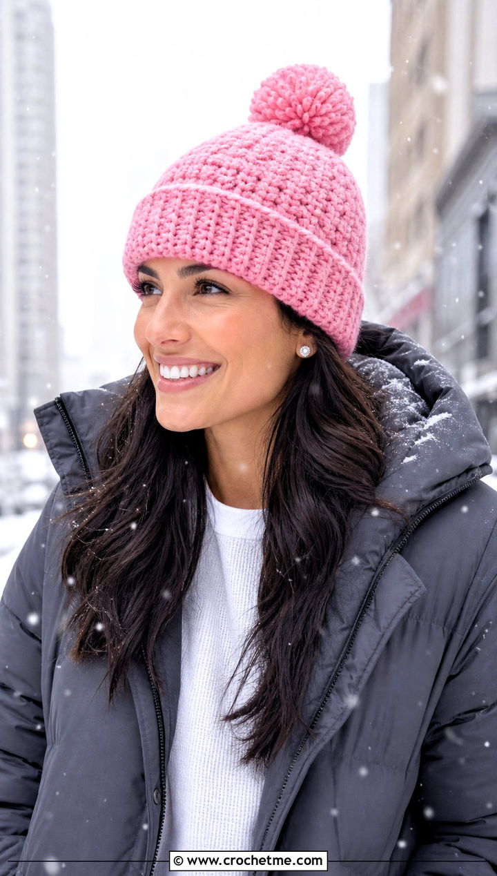 Pom Pom Crochet Rectangle Hat With Puffer Jacket - 25 Crochet Rectangle Hat outfit ideas