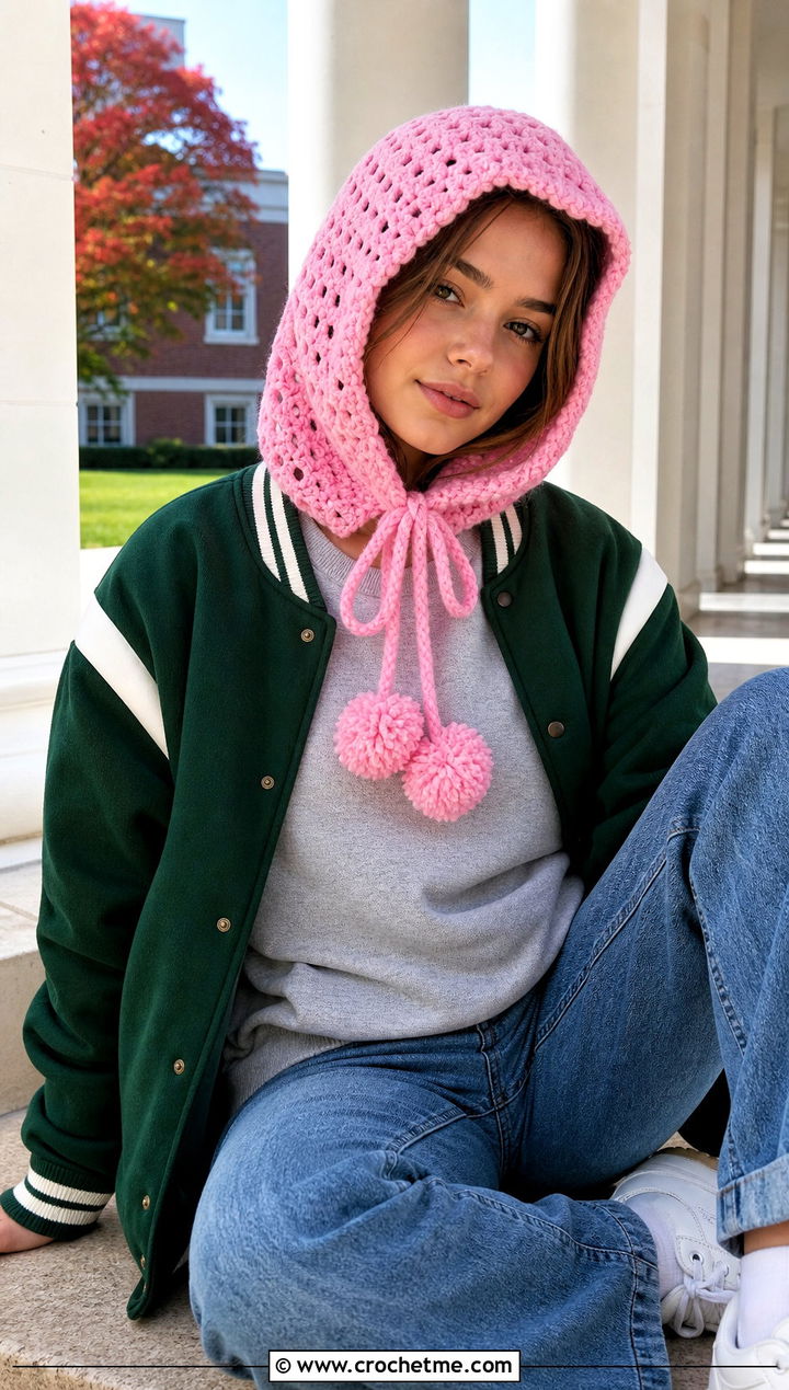 Pom Pom Crochet Scarf Hood With Varsity Jacket - 30 crochet scarf hood outfit ideas