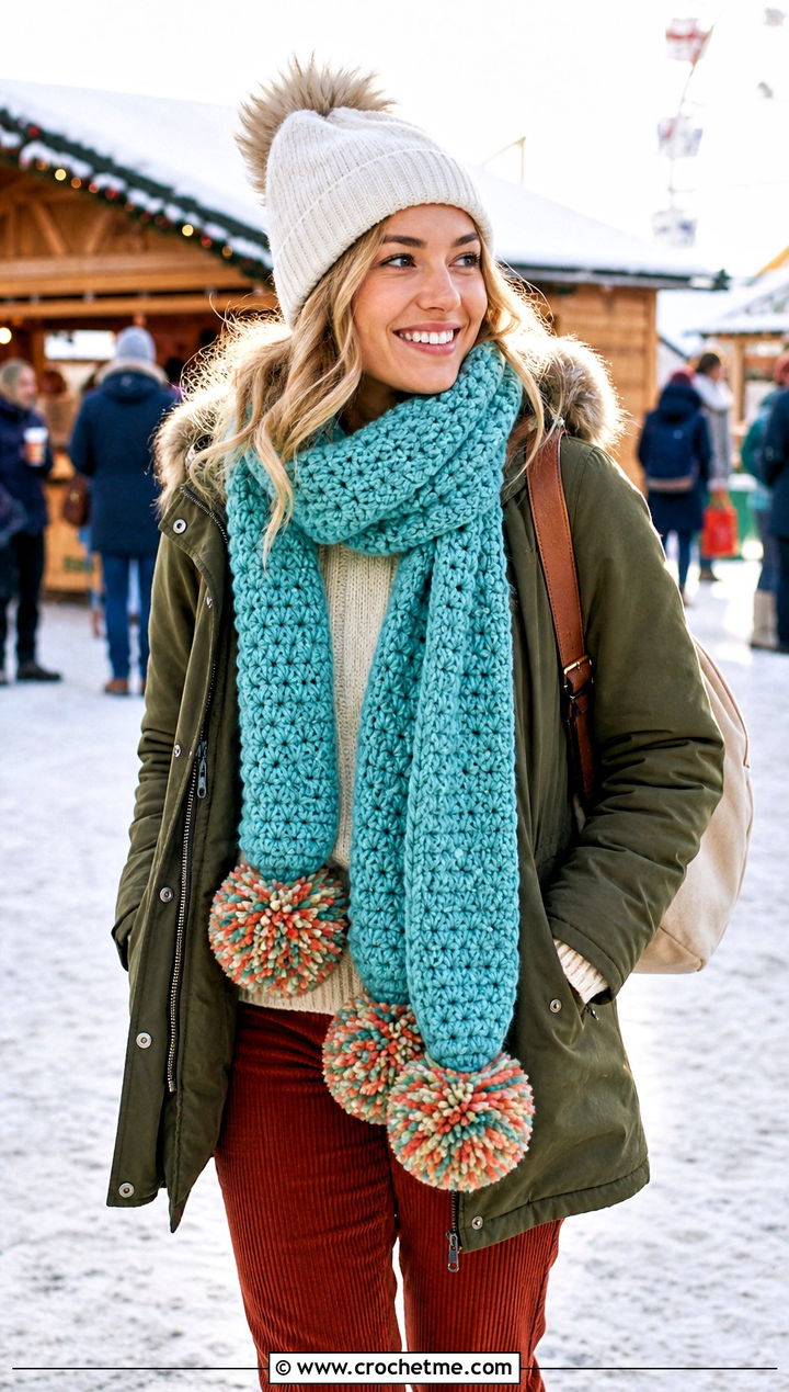 Pom Pom Crochet Scarf With Parka And Corduroy Pants - 25 Crochet Fun Scarf outfit ideas