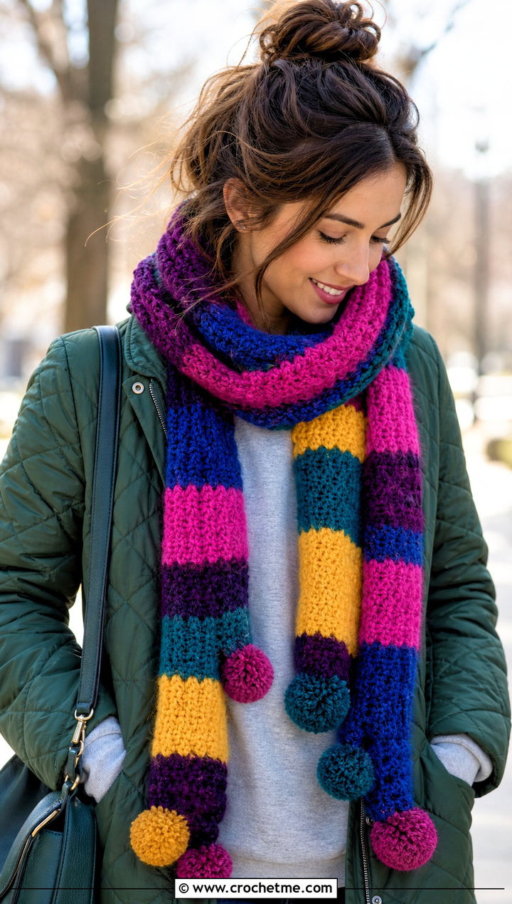 Pom Pom Crochet Scarf With Quilted Jacket - 25 multi colored crochet scarf outfit ideas