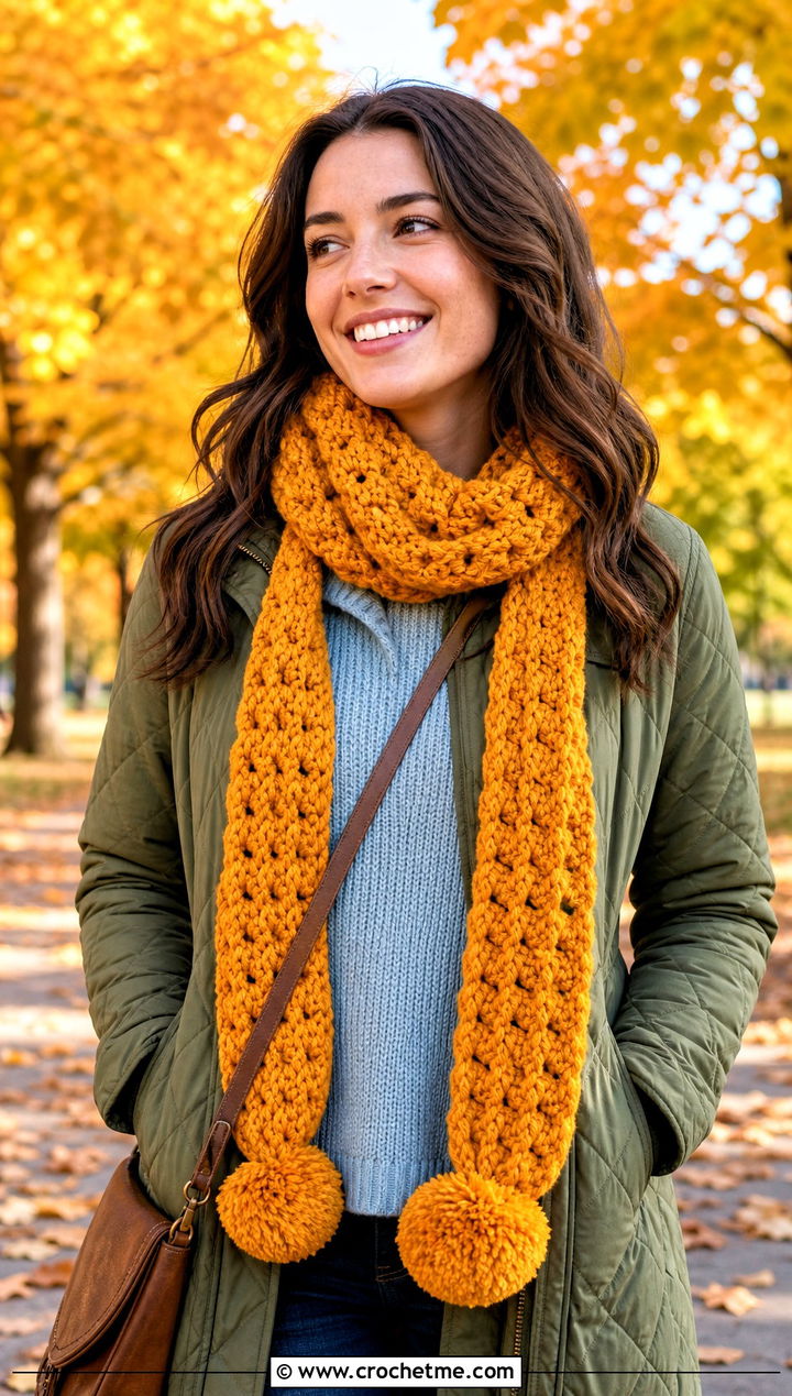Pom Pom Crochet Scarf With Quilted Jacket - 25 Multifunctional Crochet Scarf outfit ideas