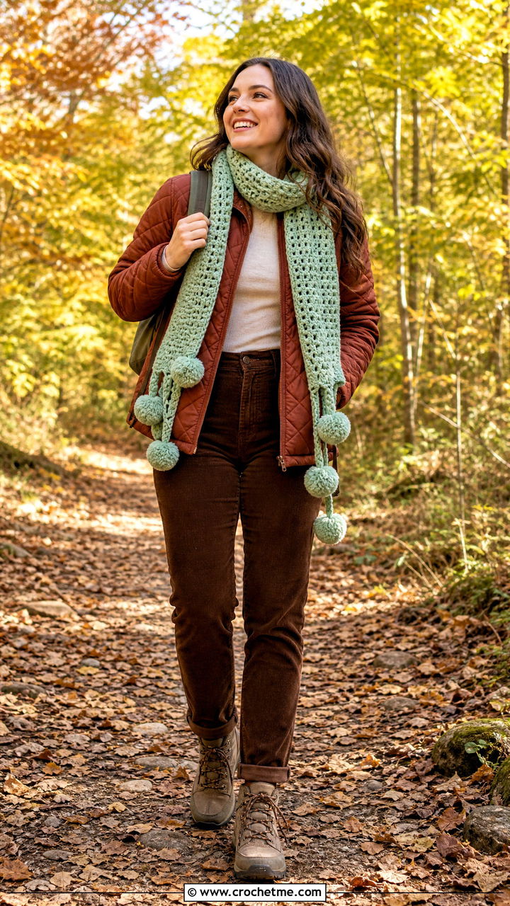 Pom Pom Crochet Scarf With Quilted Jacket - 35 easy crochet scarf outfit ideas