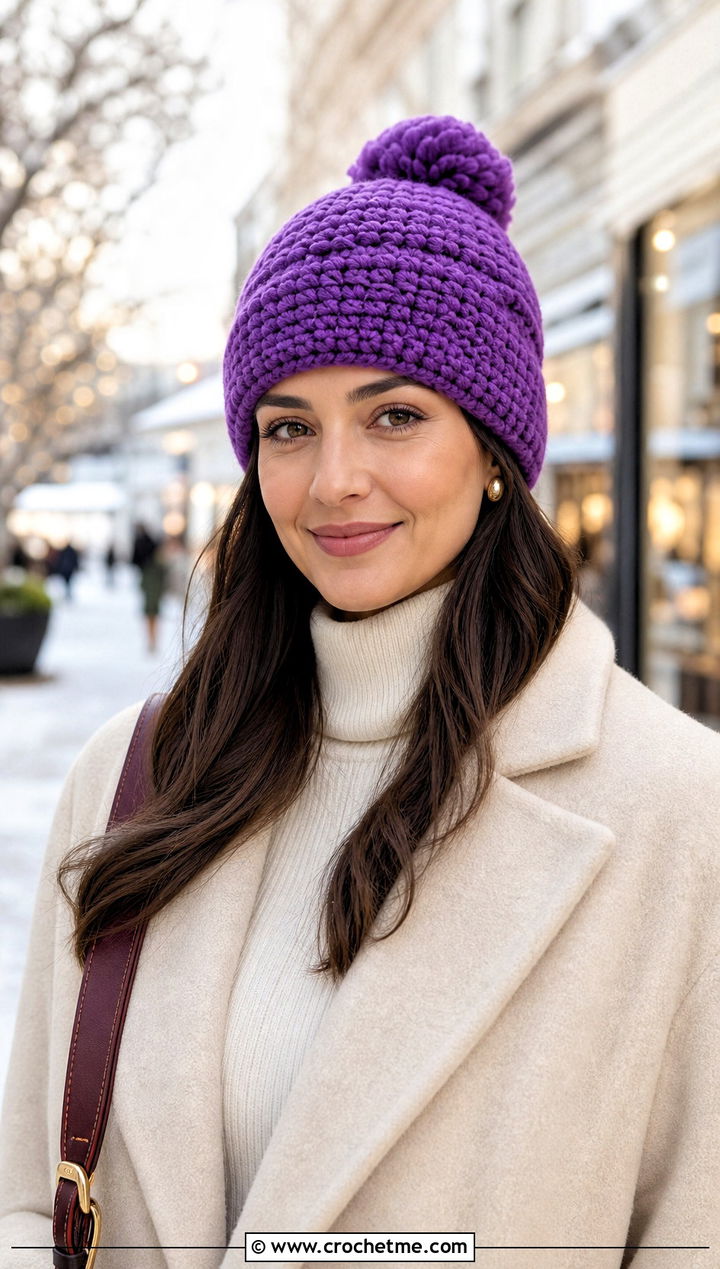 Pom Pom Crochet Short Row Beanie With Wool Coat - 20 Crochet Short Row Beanie outfit ideas