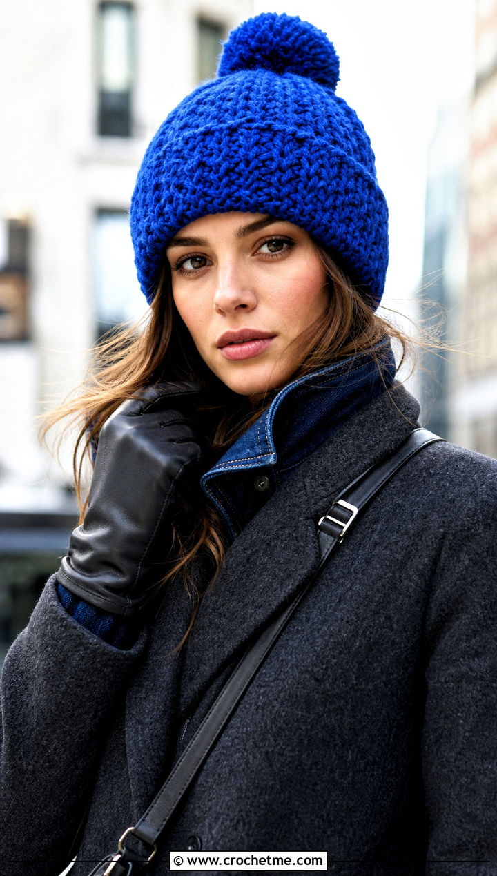 Pom Pom Crochet Ski Hat With Wool Coat And Jeans - 30 crochet ski hat outfit ideas