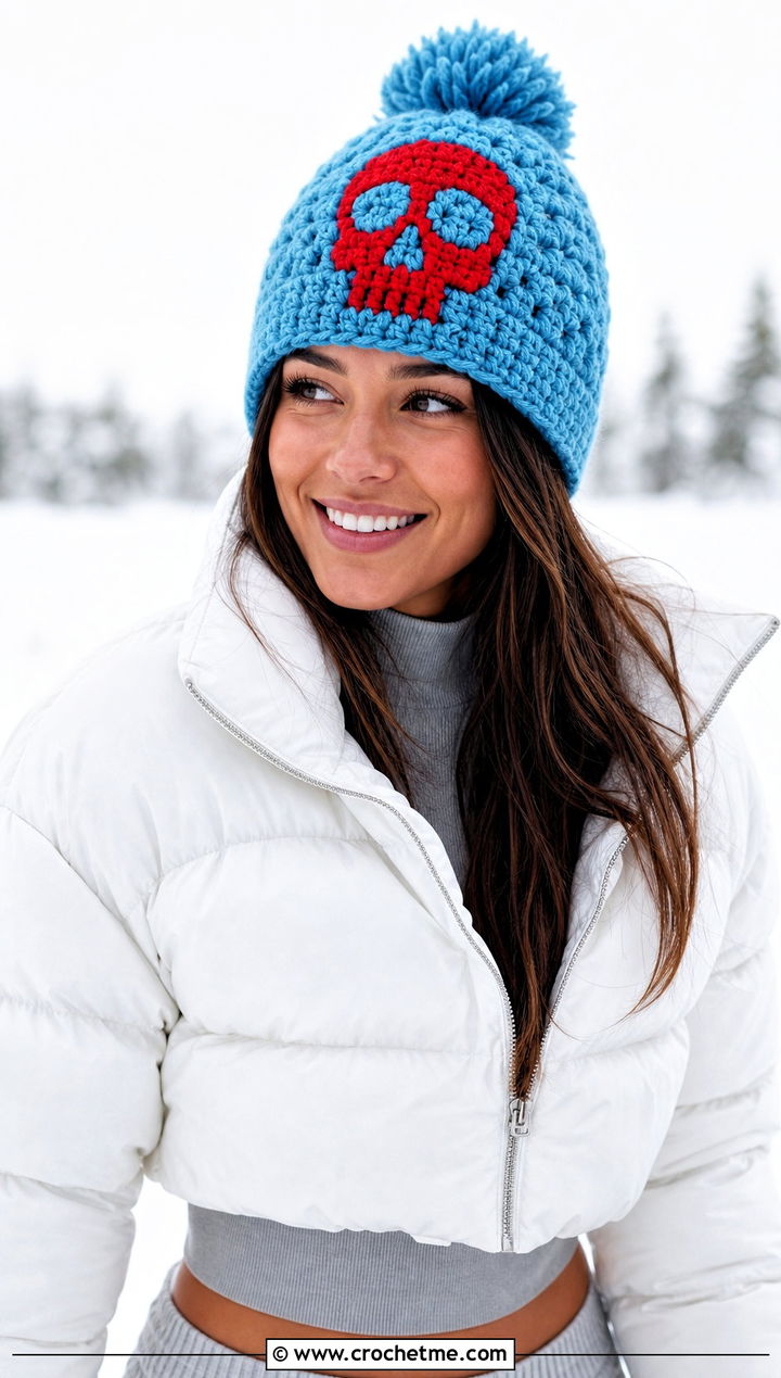 Pom Pom Crochet Skull Beanie With Puffer Jacket - 30 crochet skull beanie outfit ideas