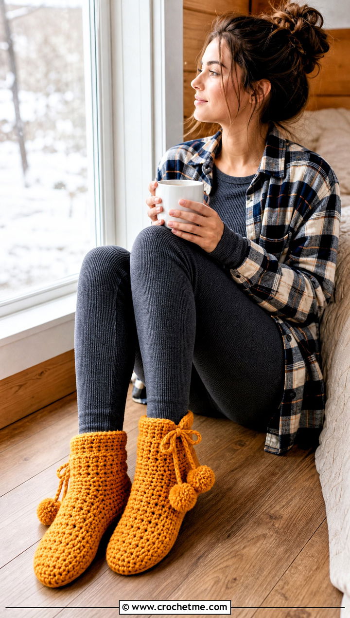 Pom Pom Crochet Slipper Boots With Thermal Set - 25 Quick Crochet Slippers outfit ideas