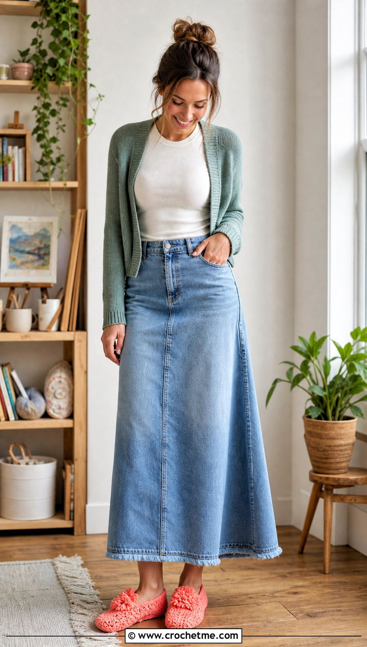 Pom Pom Crochet Slippers From Rectangle With Maxi Skirt - 15 Crochet Slipper From Rectangle outfit ideas