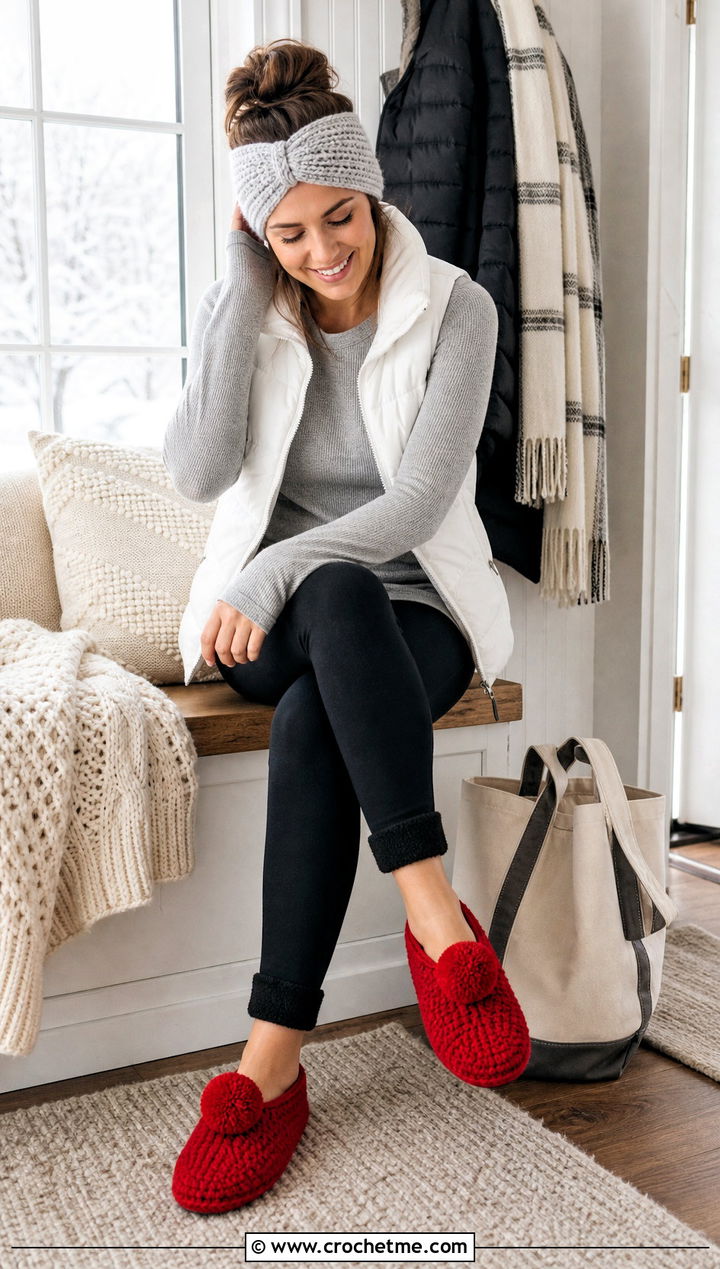 Pom Pom Crochet Slippers With A Puffer Vest - 35 easy crochet slippers outfit ideas