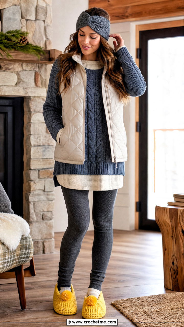 Pom Pom Crochet Slippers With Cabin Outfit - 35 crochet slippers outfit ideas