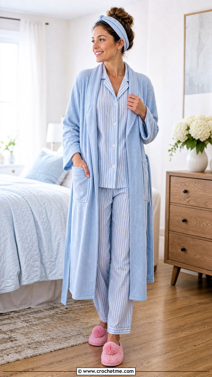 Pom Pom Crochet Slippers With Pajamas and a Robe - 35 easy crochet slippers adult outfit ideas