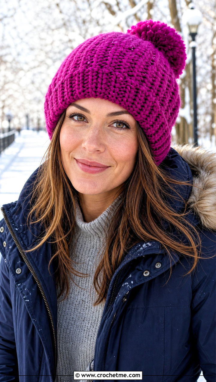 Pom Pom Crochet Slouch Hat With Parka And Straight Pants - 25 easy crochet slouch hat outfit ideas